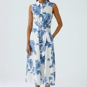 NWT Oui  Blue and White Floral Midi Shirt Dress